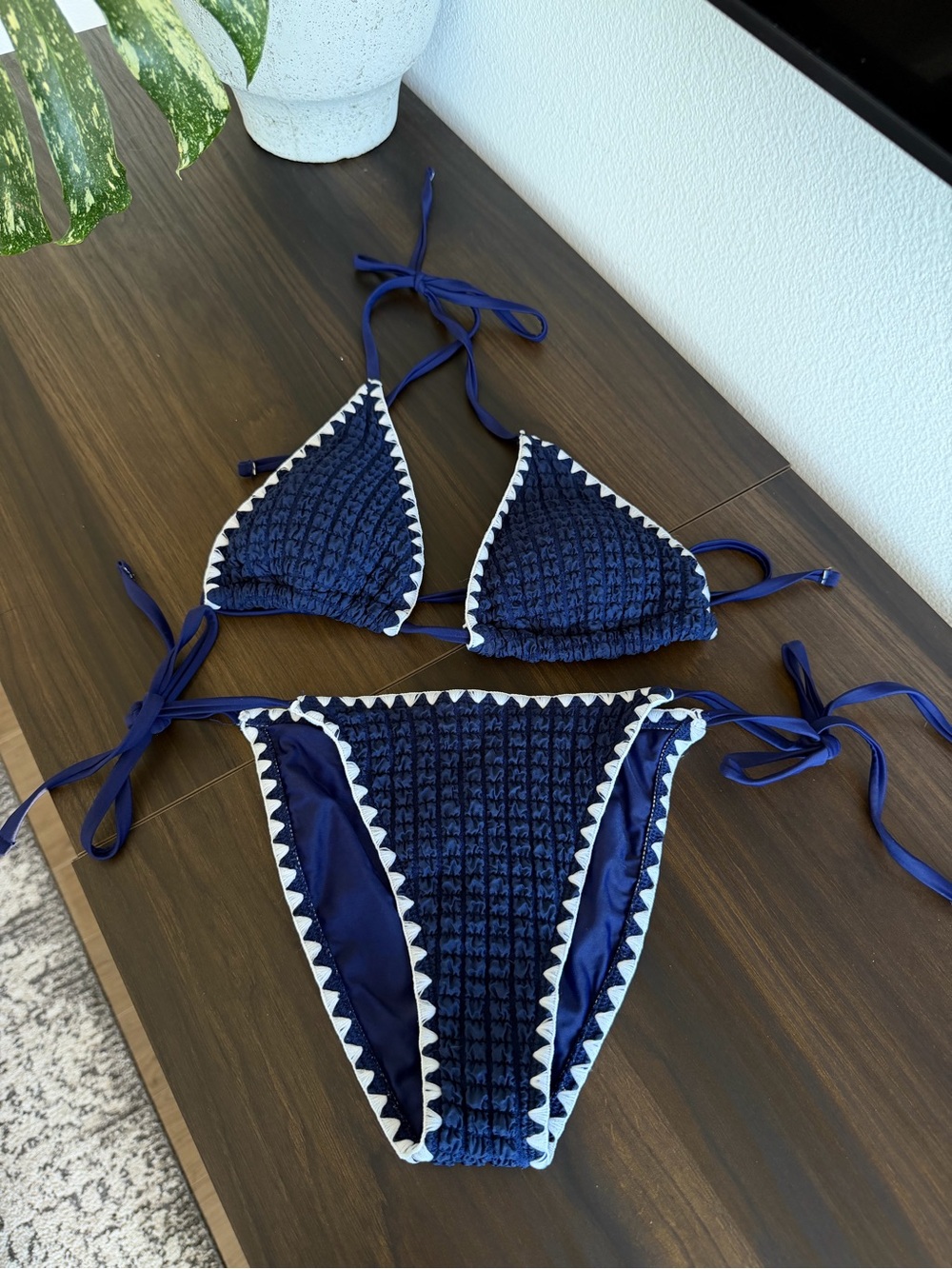 Navy Blue Crochet Trim Triangle Bikini Set